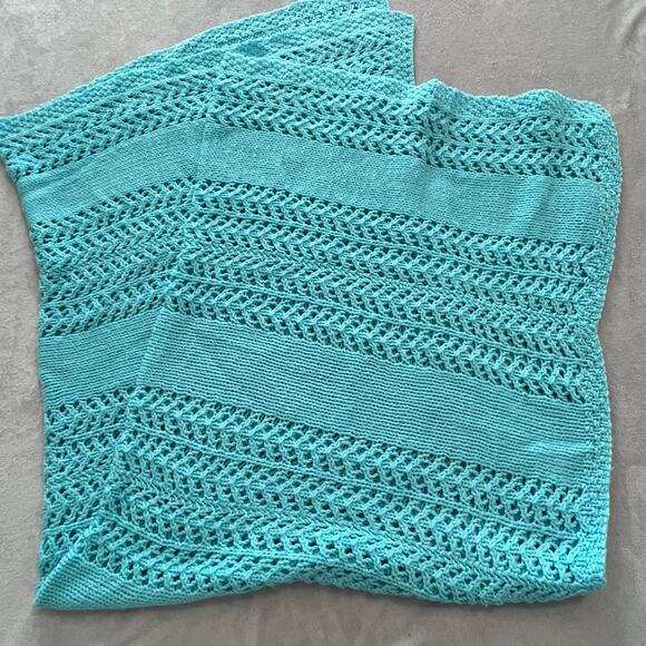 Handmade Knit Blanket Throw Afghan Throw Aqua Open Weave 60 x 54 inches - Picture 5 of 5